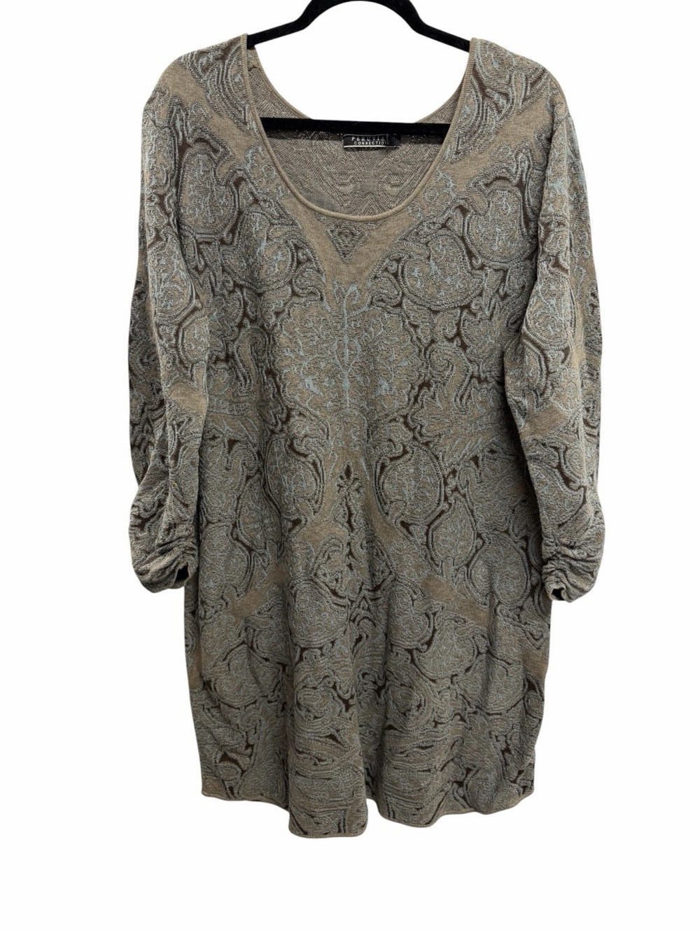 Peruvian Connection Damask Jacquard Knit Dress Taupe Long Sleeve Cotton XL